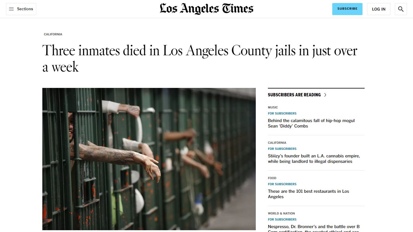 Three inmates died in Los Angeles County jails in just over a week