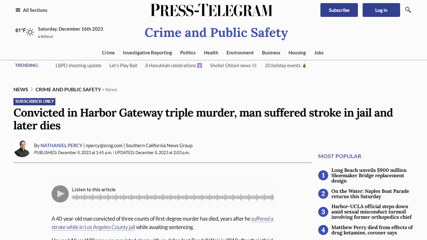 Convicted in Harbor Gateway triple murder, man suffered stroke in jail ...